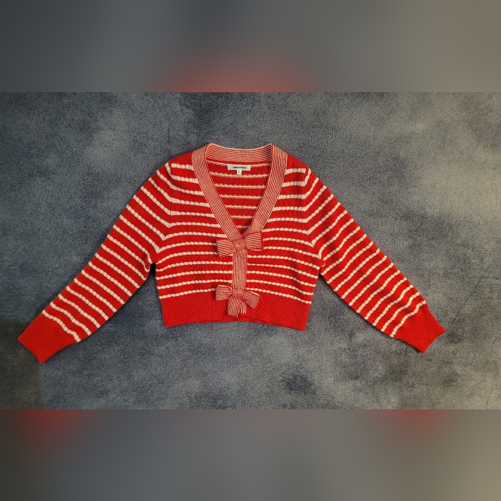 Vigoss Red & White Striped Textured Bow Crop Cardigan Women's Size Large